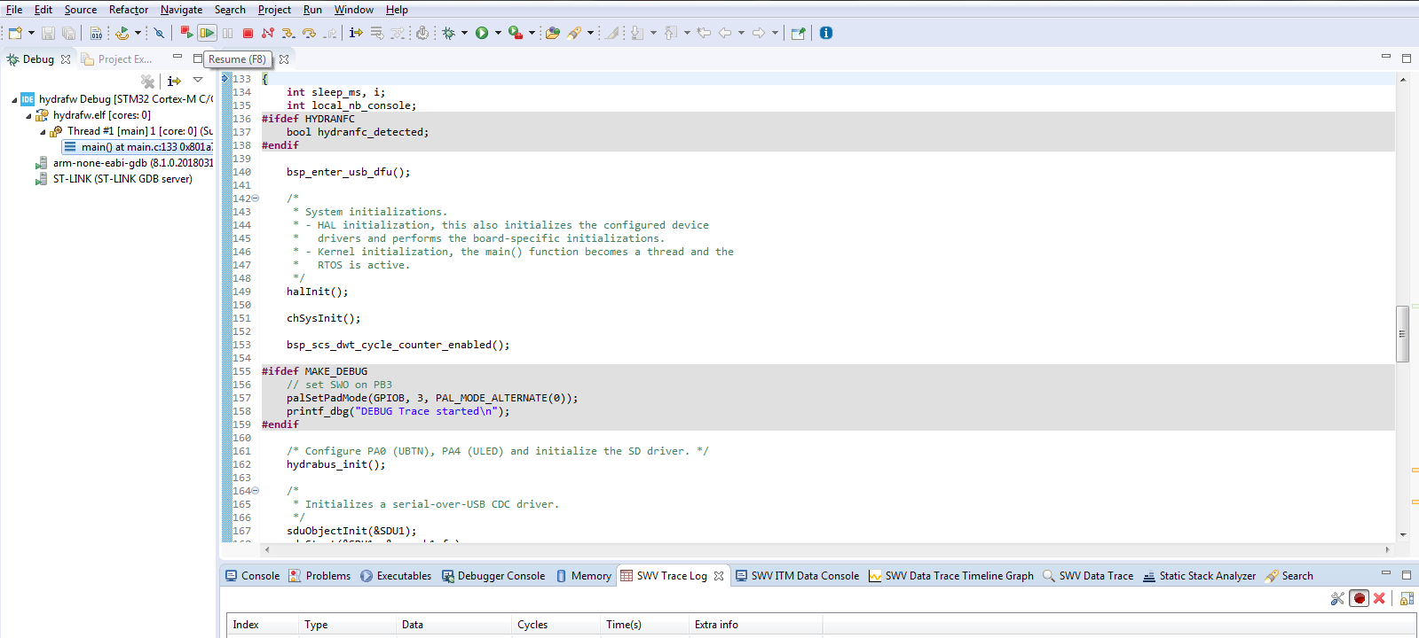 Debug Advanced SWO Serial_Wire_Viewer Start Trace / Resume execution