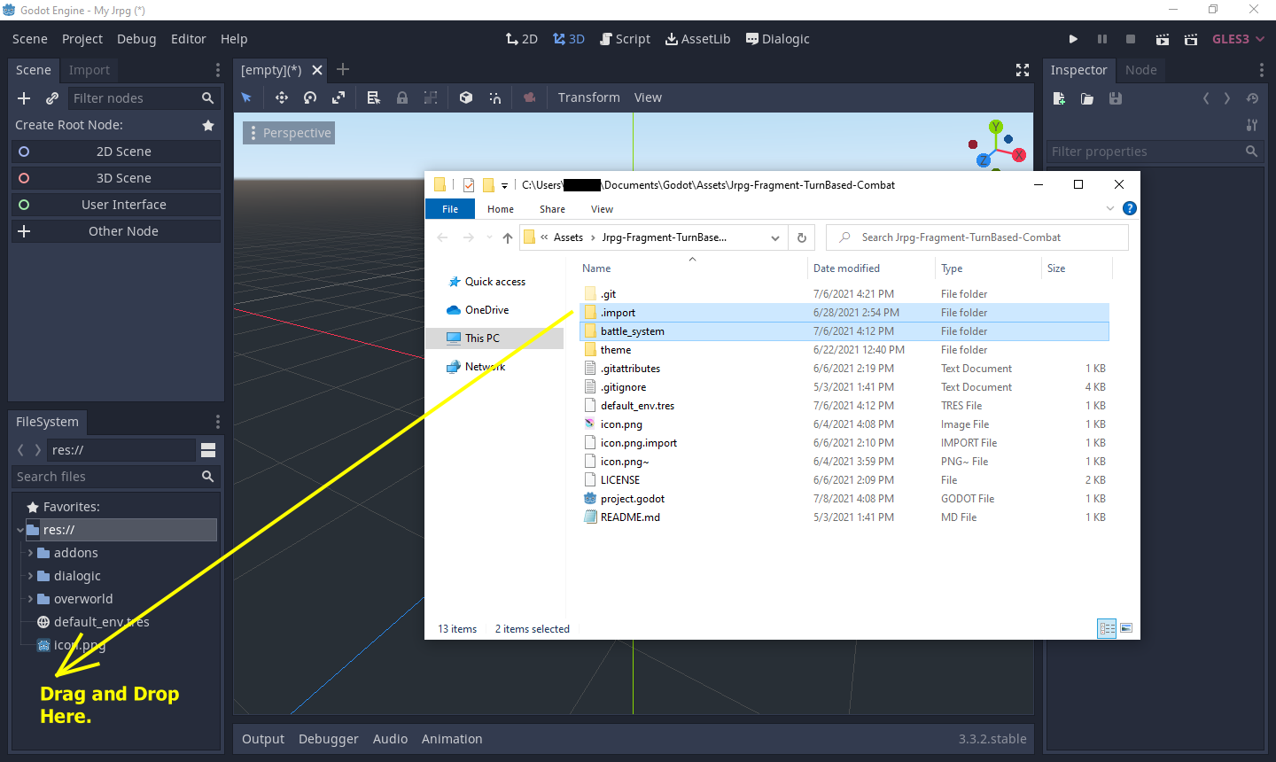 Drag and drop plugins, overworld and dialogic into your new project.